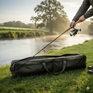 A two-piece 11ft waggler rod folded down into a padded ready-rod sleeve for easy transport.