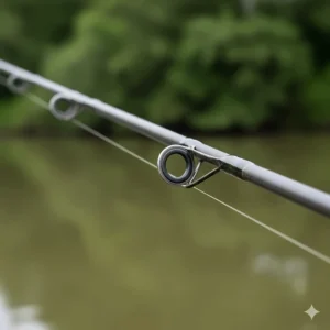 Close-up of lightweight anti-frap guides on a high-end match rod to prevent line tangles.