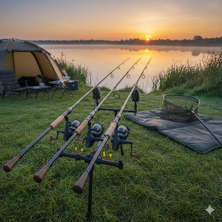 Three premium 12ft carp fishing rods positioned on a rod pod with bite alarms overlooking a British specimen lake at dawn.