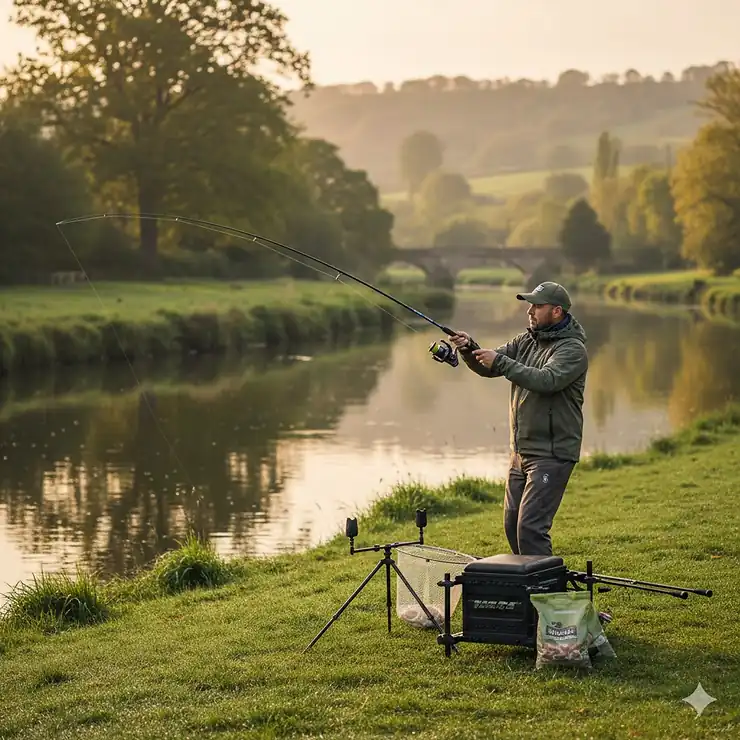 A professional angler using a high-modulus carbon feeder rod on a British river during a match fishing session.