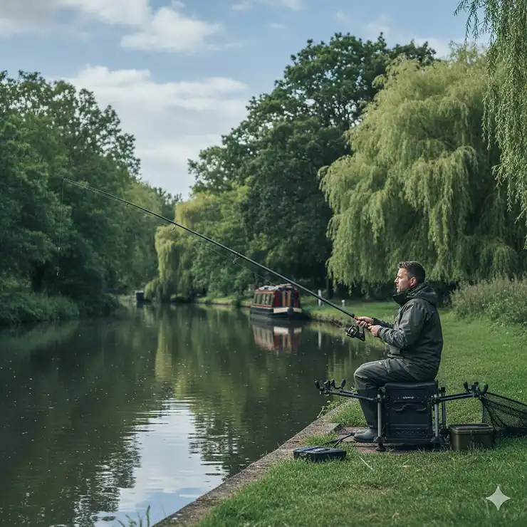 A professional angler using a long carbon fibre fishing pole on a calm British canal during summer. fishing poles UK