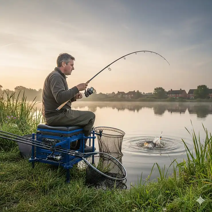 A professional match fisherman using a high-modulus carbon rod to land a carp at a typical UK commercial fishery. match fishing rods UK