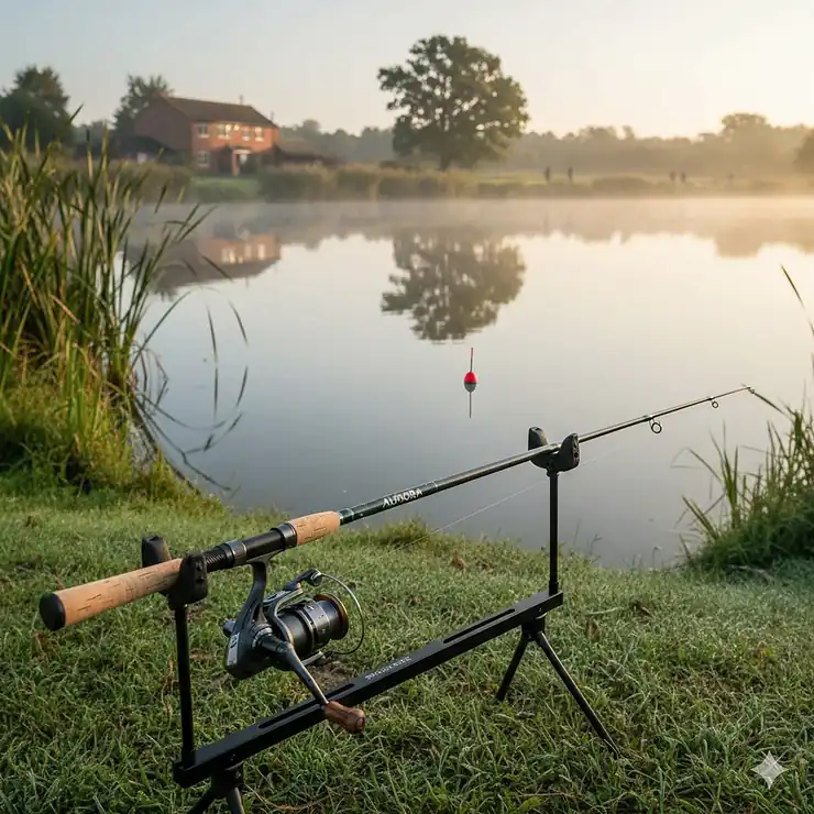 A high-quality carbon fibre match rod resting on a rod pod by a British lake, representing the best match rods under £100 for UK coarse fishing.
