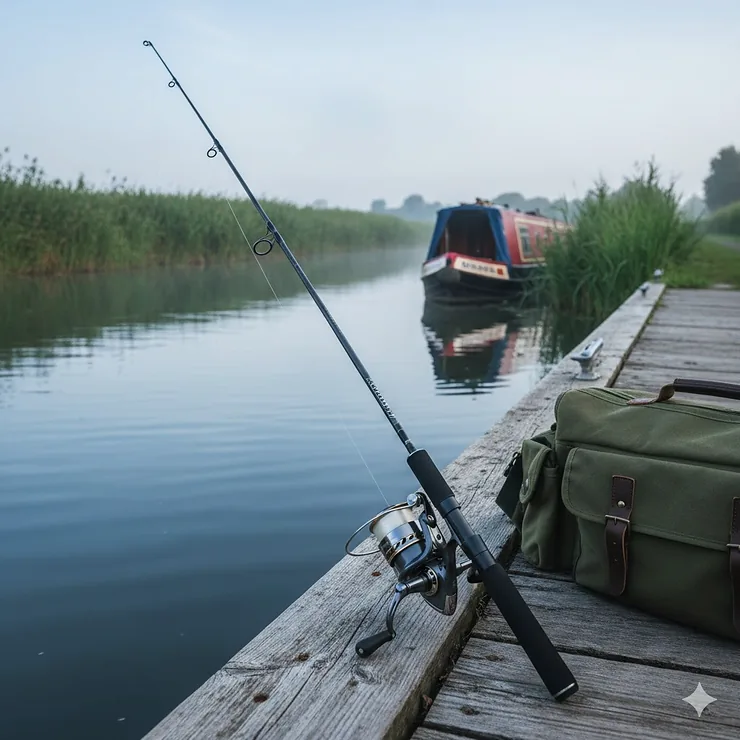 A high-quality carbon spinning fishing rod and fixed spool reel setup resting against a canvas tackle bag on a wooden canal jetty in the UK. spinning fishing rods and reels