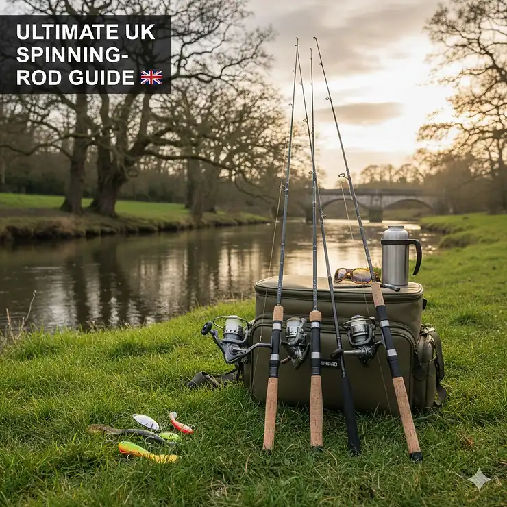 A selection of high-quality spinning fishing rods resting against a tackle bag on a British riverbank.