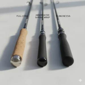 Comparison of different carp fishing rod handles including full cork, abbreviated shrink wrap, and slimline EVA grips.
