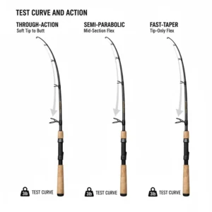 A diagram illustrating the different test curves and rod actions of carp fishing rods, from through-action to fast-taper.