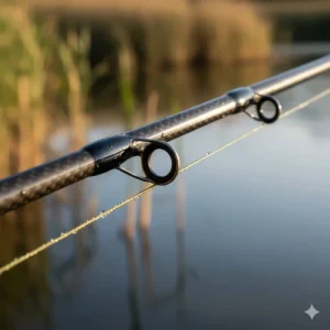 Close-up detail of high-quality ceramic guides on a carbon fibre carp fishing rod designed to reduce line friction.
