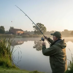 An angler casting a float into a British river using an affordable 13ft match rod, demonstrating balance and reach.