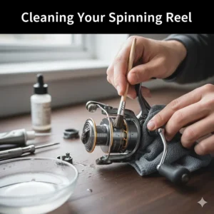 Close-up illustration of an angler cleaning a spinning reel to remove grit and maintain smooth performance.