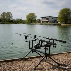 A pair of 10ft bomb and feeder rods resting on a rod pod at a typical UK commercial carp fishery.