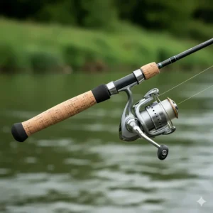 Close-up of a high-quality cork and EVA handle on a British-designed match fishing rod.