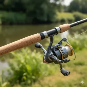Detailed view of a high-quality AAA cork handle and secure screw-down reel seat on a 13ft waggler rod.