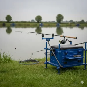 A 10ft bomb and feeder rod resting on a modern seatbox attachment at a UK lake.