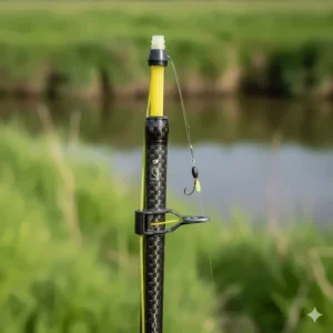 A detailed view of a hollow elastic setup inside a top kit for a professional UK match fishing pole.