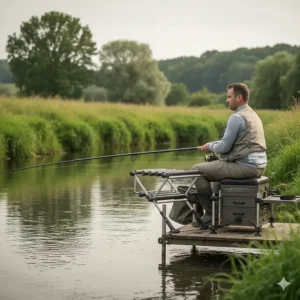 A double pole roller positioned behind an angler's seat box on a wooden fishing platform.
