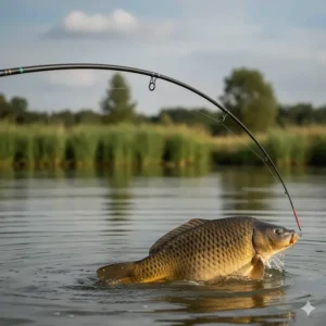 A close-up of a reinforced margin fishing pole tackling a large mirror carp in a UK commercial fishery.