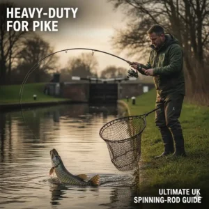 An angler using a heavy-duty spinning fishing rod to land a pike in a British canal.