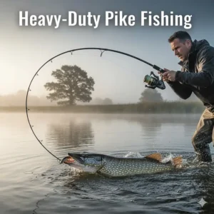 A heavy-duty spinning rod and reel combo with a wire trace, designed for pike fishing in UK lakes.