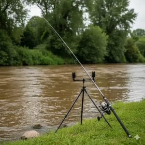 A powerful 13ft feeder rod positioned high on a tripod for targeting barbel and chub on a flowing UK river.
