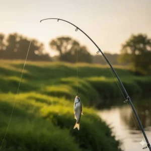 An illustration showing the parabolic curve of a light-action waggler rod while playing a roach.