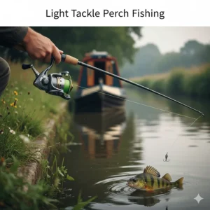 A lightweight spinning fishing rod and reel setup ideal for lure fishing for perch on British canals.