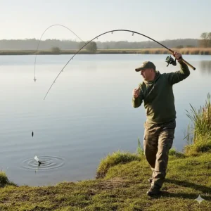An illustration showing an angler performing a long-distance overhead cast using a 13ft carp fishing rod for reaching far-out features.