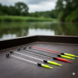 A selection of interchangeable carbon and glass quiver tips for a versatile feeder fishing rod.