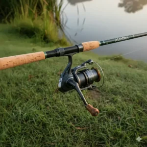 Close-up of a screw-down reel seat and ergonomic cork handle on a budget-friendly match rod under £100.