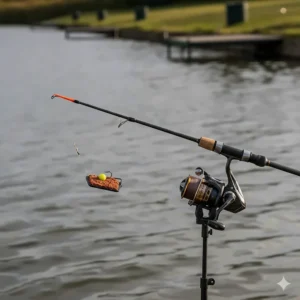 A close-up of a short commercial feeder rod set up with a flat-bed method feeder and hookbait.