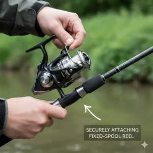 A fixed-spool reel being securely attached to the reel seat of a modern spinning fishing rod.