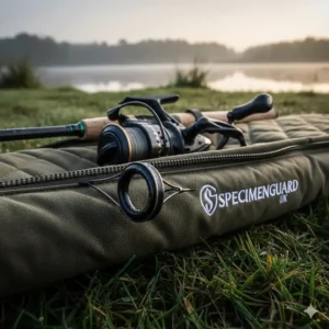 A protective padded rod sleeve holding a 12ft 2-piece carp fishing rod with a large 50mm butt ring.