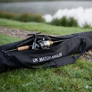 A padded ready-rod sleeve protecting a two-piece feeder rod and reel for easy transport to the bank.