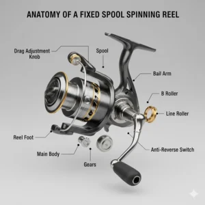 Detailed diagram showing the bail arm, drag knob, and spool of a modern fixed spool spinning reel.