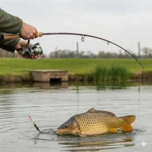 A short, two-piece pellet waggler rod bending under the weight of a commercial carp.