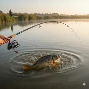 A 10ft pellet waggler rod showing a progressive through-action while playing a carp at a UK commercial fishery.