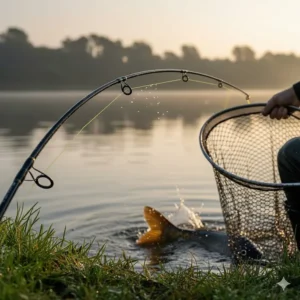 An illustration showing the tip flex of a carp fishing rod while safely playing a large specimen carp near the landing net.