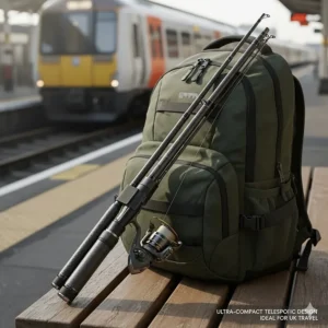 A compact telescopic spinning fishing rod collapsed for easy transport during travel.