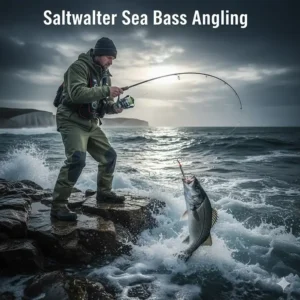 A corrosion-resistant spinning reel and rod being used for sea bass fishing from a rocky UK shoreline.