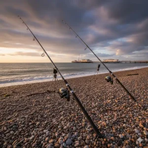 Two long-range beachcaster fishing poles set up on a tripod at a pebble beach in Brighton, UK.