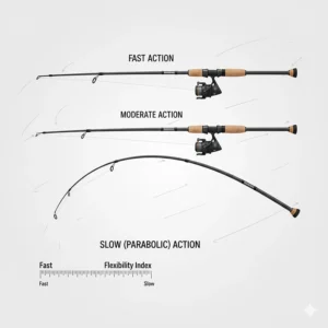 Diagram showing the different action ratings of spinning fishing rods from fast to slow.