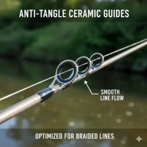 Close-up of anti-tangle ceramic guides on a spinning rod designed for braided fishing lines.