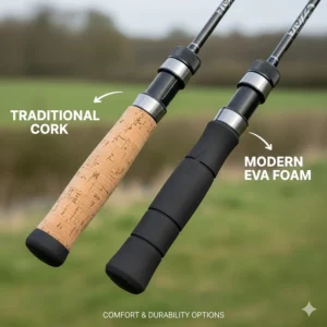 Comparison between traditional cork and modern EVA foam handles on spinning fishing rods.