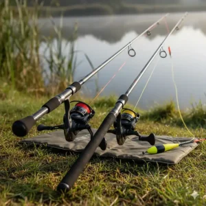 A pair of specialised carp fishing rods, including a heavy-duty spod rod and a sensitive marker rod for lakebed feature finding.