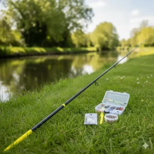 An affordable beginner's fishing pole starter kit including a 4-metre whip, float rig, and disgorger.