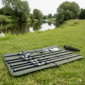 Compact telescopic fishing poles laid out on a tackle mat, ideal for roving along British riverbanks.