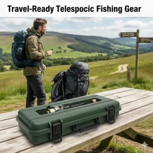A compact telescopic spinning fishing rod and reel stored securely in a protective travel case.