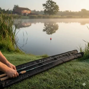 A three-piece 13ft match rod disassembled for easy transport in a standard padded rod sleeve.