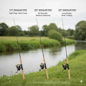 A diagram comparing 11ft, 12ft, and 13ft waggler rods for different UK peg conditions.