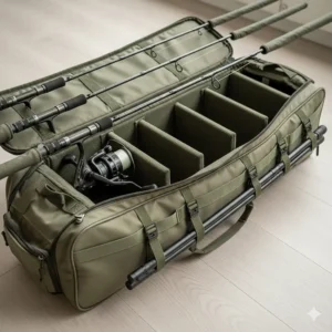 Internal view of a 3-rod padded holdall showing dedicated compartments for big pit reels and protected guides.